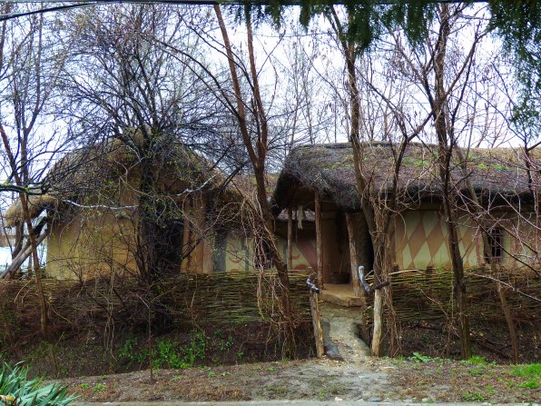 The Muzeului Câmpiei Boianului in Drăgăneşti-Olt. All the dwellings are recreations of the types of homes used for the past 6,000 years in this region. Neolithic settlements have been unearthed and served as a guide for the oldest dwellings, pictured here. A modern house, fully furnished, shows a typical Romanian village home. There are a variety of other structures and a small chapel.